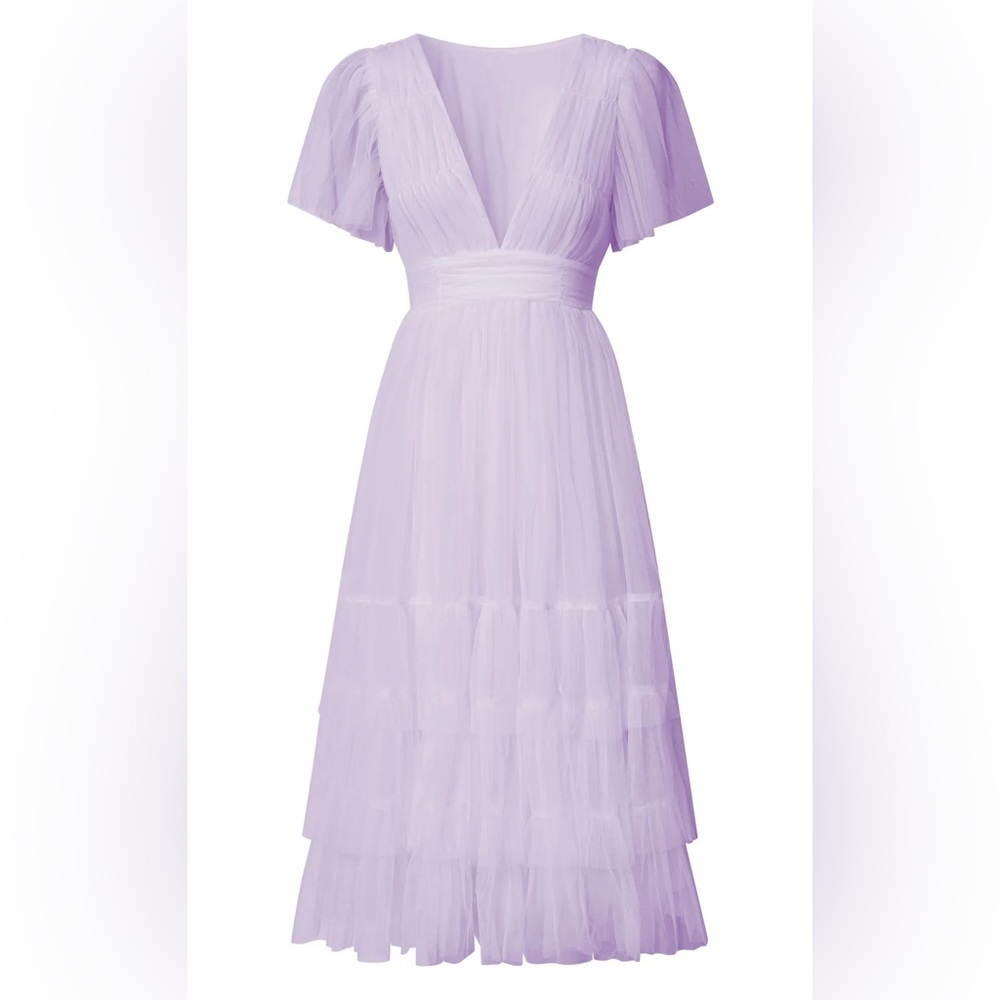 JIRAYE MIDI DRESS
Flutter Sleeve Tuelle Plunge Dress in Lilac - Picture 2 of 4